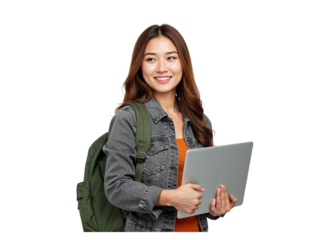 Smiling young asian woman holding a laptop and wearing a backpack isolated on transparent background