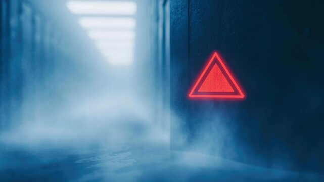 Glowing Red Triangle in Foggy Corridor Warning for Security and Technology in DevSecOps within Cloud Environment