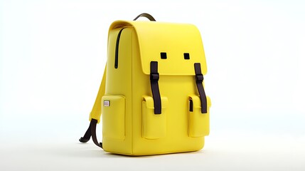 Fototapeta premium Bright Yellow Backpack with Black Straps and Detail Isolated on White Background