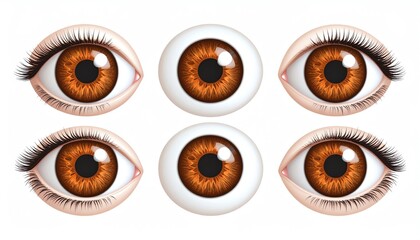 Set of six realistic brown human eyes isolated on a clean white background for artistic display