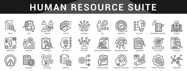 HR focused icon set for recruitment, training, payroll, and performance management in people oriented businesses.