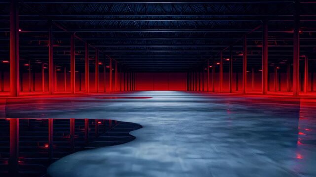 Futuristic Warehouse Design Industrial Space with Polished Floor and Red Lighting Showcasing Advanced Technology Atmosphere for DevSecOps Cloud
