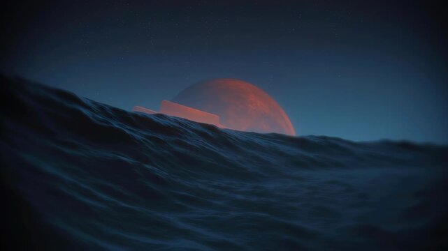 Surreal digital folder floats ocean waves beneath glowing red planet, merging technology and nature vibrant landscape of devsecops cloud integration