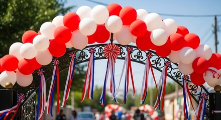 Patriotic Celebratory Archway Adorned with Balloons and Ribbons Festivities Community Gathering Decoration for Independence or National Day Event