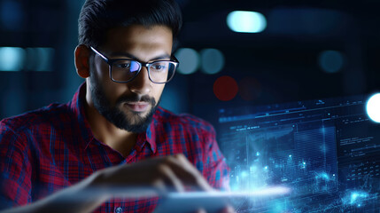 Young man analyzing data on a tablet with a futuristic digital interface at night