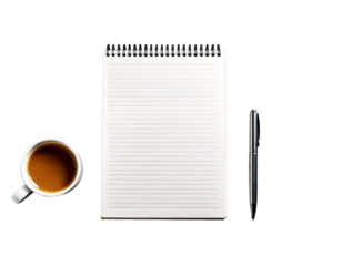 Blank spiral notebook and light blue pen on wooden surface 