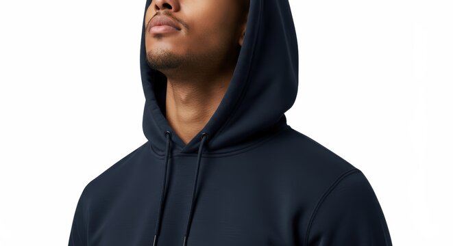 A young man in a dark navy blue hoodie looking up. Blank hooded sweatshirt for clothing mockup or design template on a white background.
