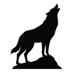 Black silhouette of a wolf howling on a rock against a white background animal wildlife