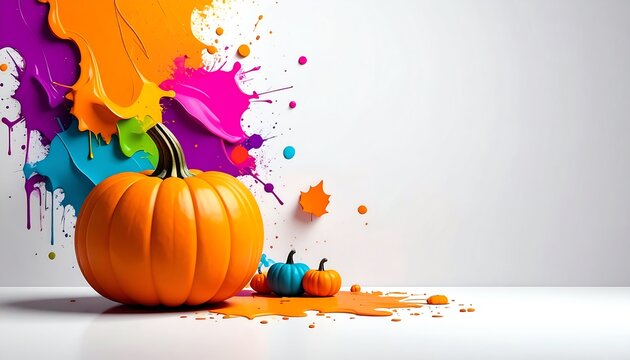Creative minimalist concept featuring pumpkin with paint splatters on a soft spooky background