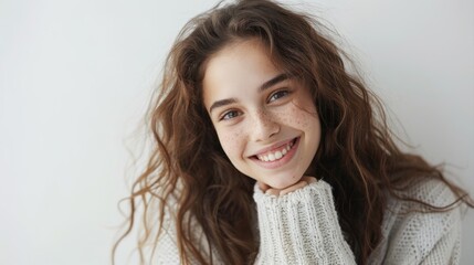Naklejka premium Portrait of young beautiful cute cheerful girl smiling looking at camera over white background.
