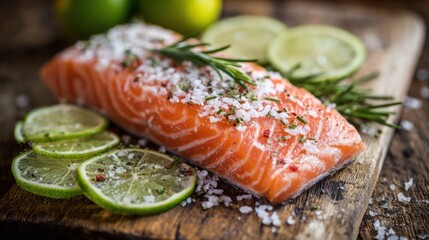 Fresh salmon fillet seasoned with salt, pepper, and herbs, garnished with lime slices and sprigs of rosemary on a rustic wooden board