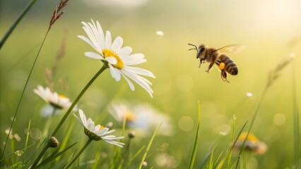 Obraz premium Honey Bee Flying Towards White Daisy Flower In Green Meadow With Sunlight Creating Peaceful Nature And Pollination Scene