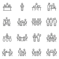 Fototapeta premium Minimalist line art icons depicting people in various meeting and collaboration scenarios discussion