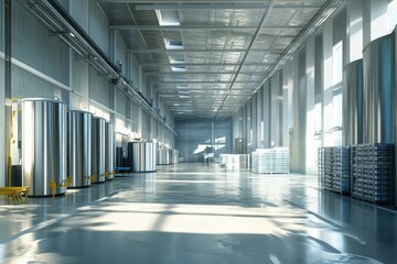 Fototapeta premium Modern, bright industrial warehouse interior with stainless steel tanks and storage.