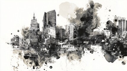 Abstract cityscape illustration in black and white.