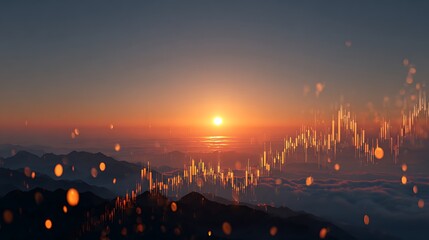 Candlestick Chart Overlay on Mountain Landscape at Sunset, Sea of Clouds Below, Bokeh Effect