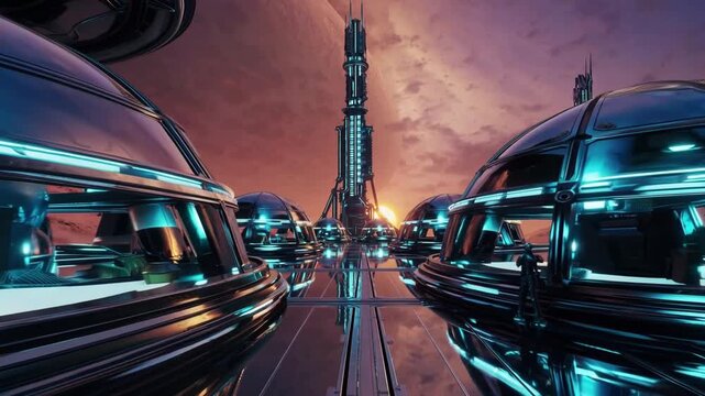 A stunning wide cinematic view of a utopian Mars colony at twilight, blending ancient mysticism and futuristic tech, glowing with surreal lights and celestial wonder.