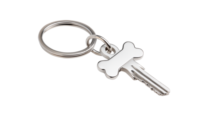 A metal keychain with a dog bone shaped key charm isolated on a transparent background