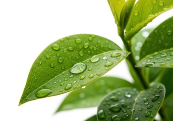 Close up of fresh green leaves with water droplets isolated on white background