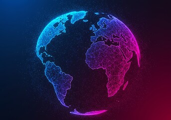 Fototapeta premium A digital plexus globe showing Earth's continents with glowing blue and pink particles on a dark background.