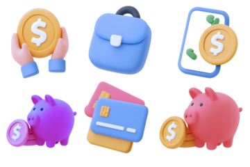 Set of 6 Flat Financial Icons: Wallet, Piggy Banks, Credit Cards, Smartphone with Cash & Hands Holding Coin – Stylized Vector for Savings, Budgeting & Mobile Finance