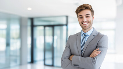 Fototapeta premium Smiling businessman stands confidently in modern office lobby during daytime