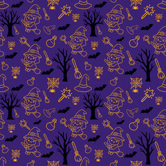Halloween-themed witch and elements seamless pattern
