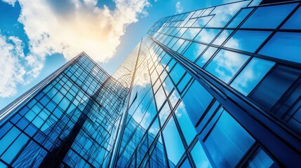 Economics, banking, business and finance concept.A fragment of a modern office building in the capital .glass buildings with cloudy blue sky background .modern office building