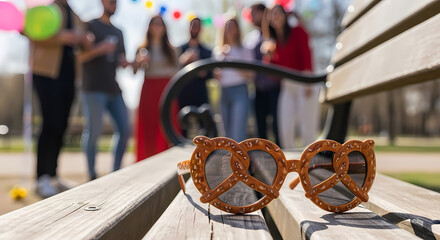 Quirky pretzel glasses on a park bench during a fun outdoor wedding or anniversary celebration with friends.