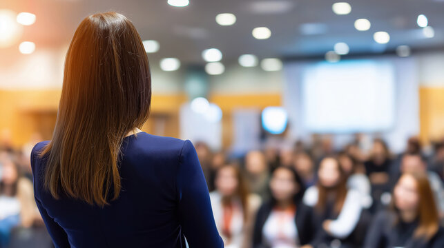 Speaker presents to large audience during professional conference session