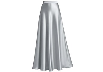 Elegant Silver Satin Maxi Skirt on White Background, Flowing Fabric