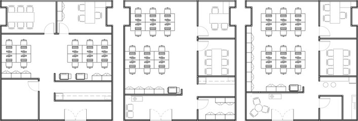 2D AutoCAD Office Furniture Layout Plan in 3 Styles, Vector Drawing