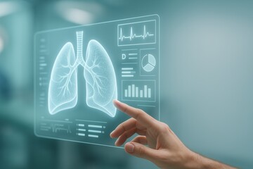 Human Interaction with Lungs Display: A close-up shot captures a hand interacting with a futuristic display revealing an illuminated diagram of lungs.