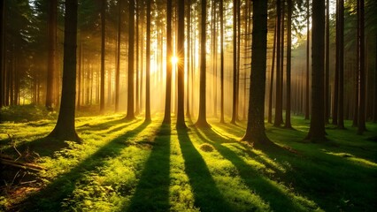 Fototapeta premium Sunlight Streaming Through Tall Pine Trees In Lush Green Forest For Peaceful Nature Landscape And Tranquil Wilderness Scene