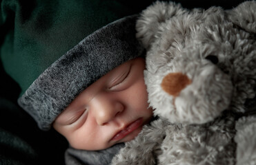 A newborn baby sleeping next to their teddy bear, wearing a cute gray cap and dark blue sweater, with a peaceful expression. 