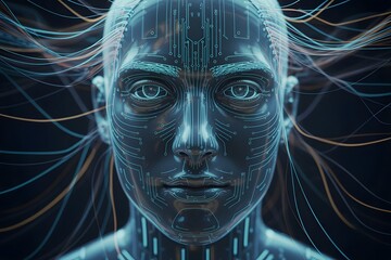 Artificial intelligence concept with a futuristic human face and circuit pattern