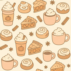 A cute seamless pattern of autumn treats like pumpkin spice lattes, apple pie, and cinnamon rolls.