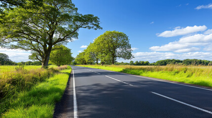 Fototapeta premium Scenic country road lined with trees under a clear blue sky in summer