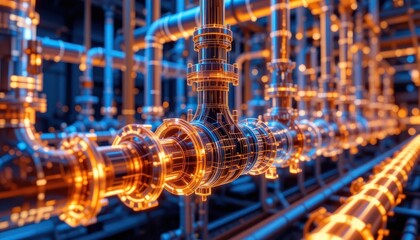 Intricate Network: Industrial Piping System in Glowing Hues