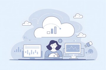 Woman working with cloud computing and data analysis isolated on white background