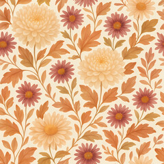 An elegant seamless pattern of chrysanthemums and daisies in a warm, autumnal color palette.