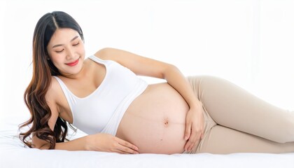 Obraz premium Peaceful slumber, pregnant woman finds comfort and rest on a cozy bed serene