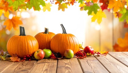 Colorful display of pumpkins and apples on a wooden table surrounded by vibrant fall leaves