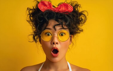 Wide eyed woman, with her mouth slightly open, embodies the feeling of wonder and surprise, symbolizing moments of unexpected discovery or life exciting revelations.