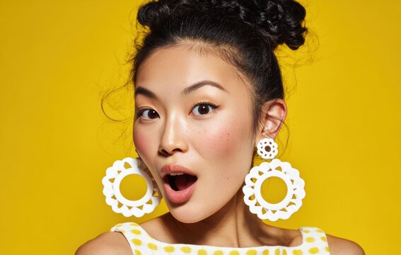 Wide eyed woman, with her mouth slightly open, embodies the feeling of wonder and surprise, symbolizing moments of unexpected discovery or life exciting revelations.