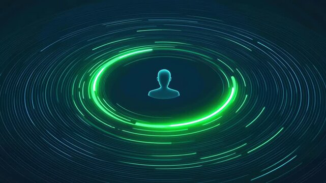 Vibrant Digital Representation of Person Surrounded by Abstract Circular Lines, Showcasing Technology and Movement in Cloud Environment