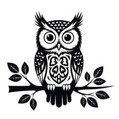 Fototapeta premium Vector illustration of Black silhouette of an ornate owl perched on a branch with leaves bird