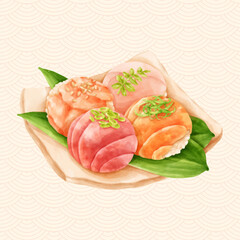 Watercolor hand painting illustration of japanese food sushi ball