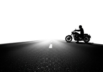 Fototapeta premium Silhouette of a person on a motorcycle on a road isolated on white background