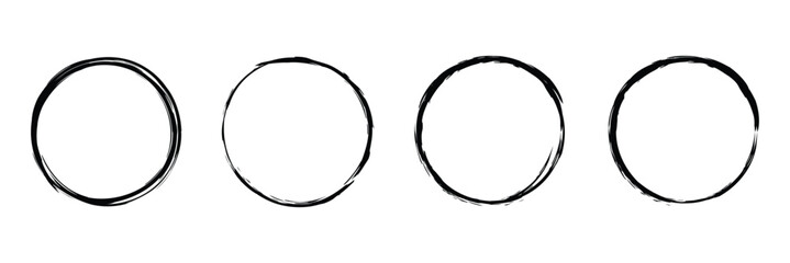 Brush drawn ellipses, ovals and circle for highlight text. Hand drawn marker emphasis elements. Black Hand drawn marker, Four outline shapes including circles and ovals.